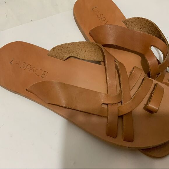 L*SPACE by Cocobelle Shore Break Tan Leather Strappy Sandals Slides 40 - Picture 6 of 7